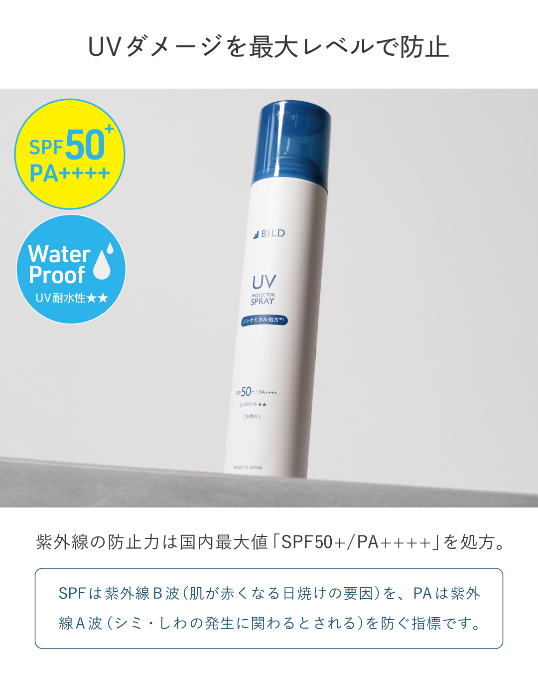国内最高基準のSPF50+/PA++++を達成。炎症を起こすUVB波と、シミ・しわの原因となるUVA波の両方を最大レベルでブロックするBILDの防御性能。