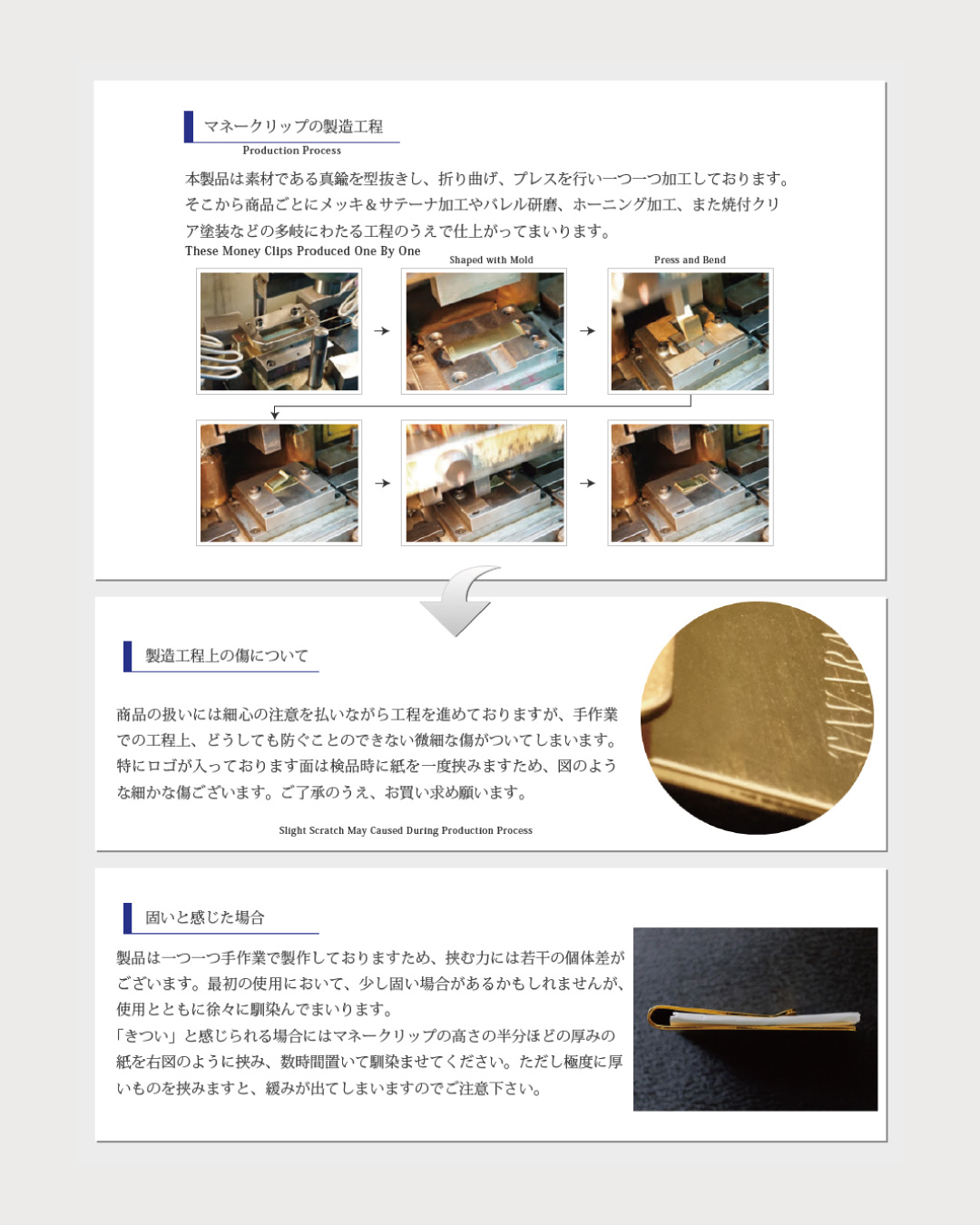 真鍮を型抜きしプレスして一つ一つ手作業で仕上げるマネークリップの製造工程と、検品時につく微細な傷について解説する画像。