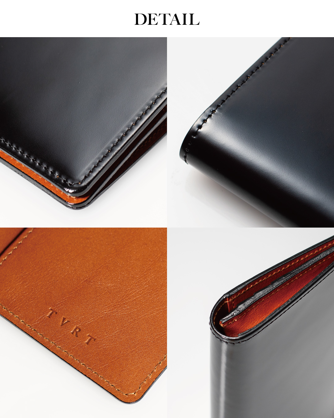 財布の細部（ディテール）を4つのカットで紹介。角のステッチ、コバの仕上げ、内側に刻印された「TVRT」のブランドロゴ、折り曲げ部分の構造をクローズアップしている。