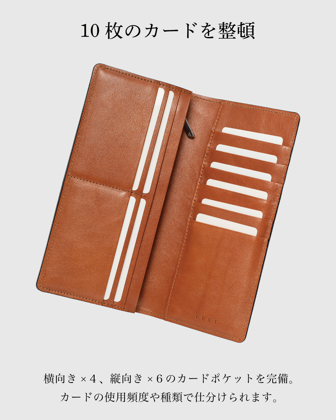 10枚のカードを収納した状態の財布の内側。横向き4枚、縦向き6枚のカードポケットにカードが収まっており、整理のしやすさを強調している。