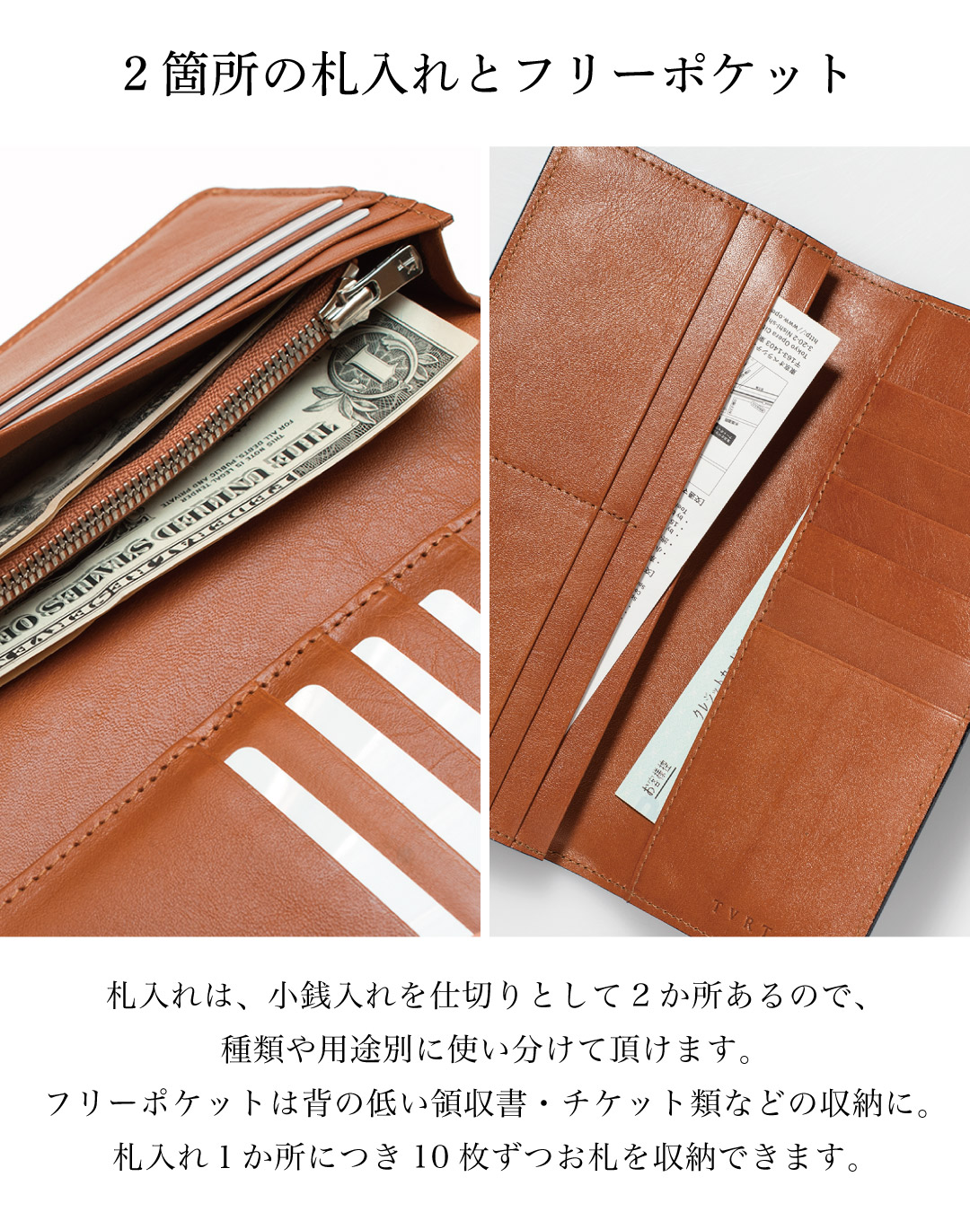 財布の内部構造のアップ。お札を2か所に分けて収納し、フリーポケットに領収書やチケットを入れている様子。1か所の札入れにつき10枚ずつ収納可能。