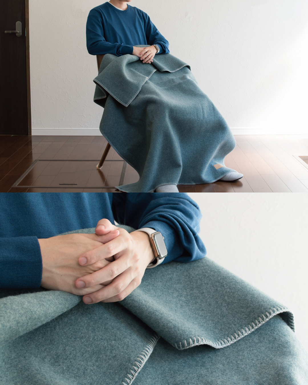 ブルーグレーのMr. ブランケット ウールを二つ折りにしてひざに掛けた着用写真と、重ねた手元にのぞくやわらかな起毛感のアップ。