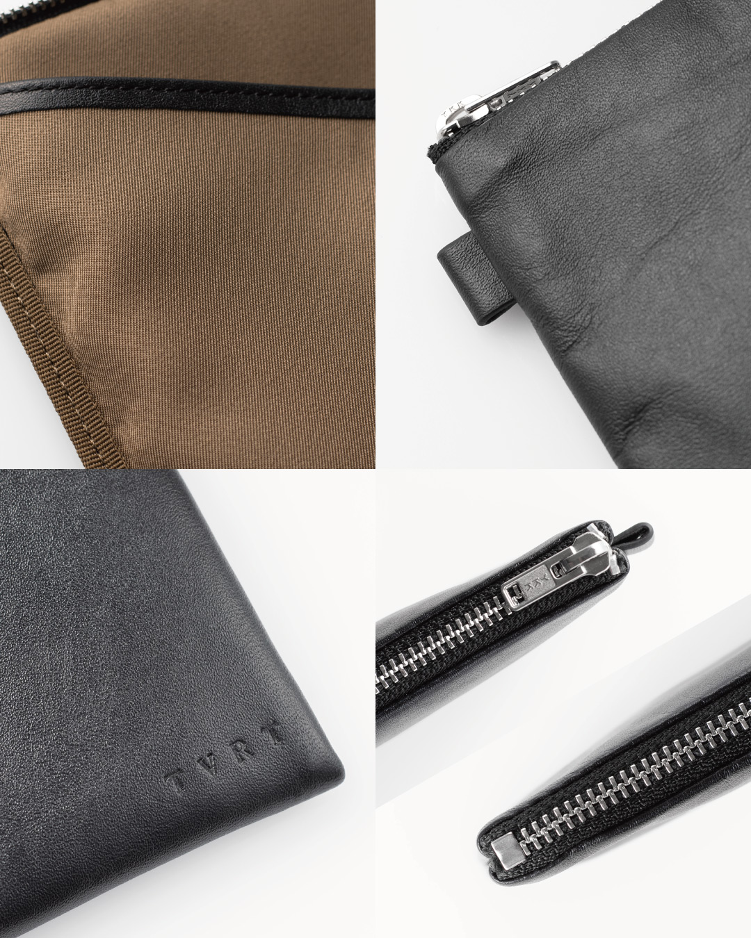 FOLMAレザーポーチSの素材・ディテール4点クローズアップ。ブラウン裏地の縫製、レザータブ、TAVARATロゴの素押し刻印、なめらかなYKKメタルファスナーの仕上げを確認できる。