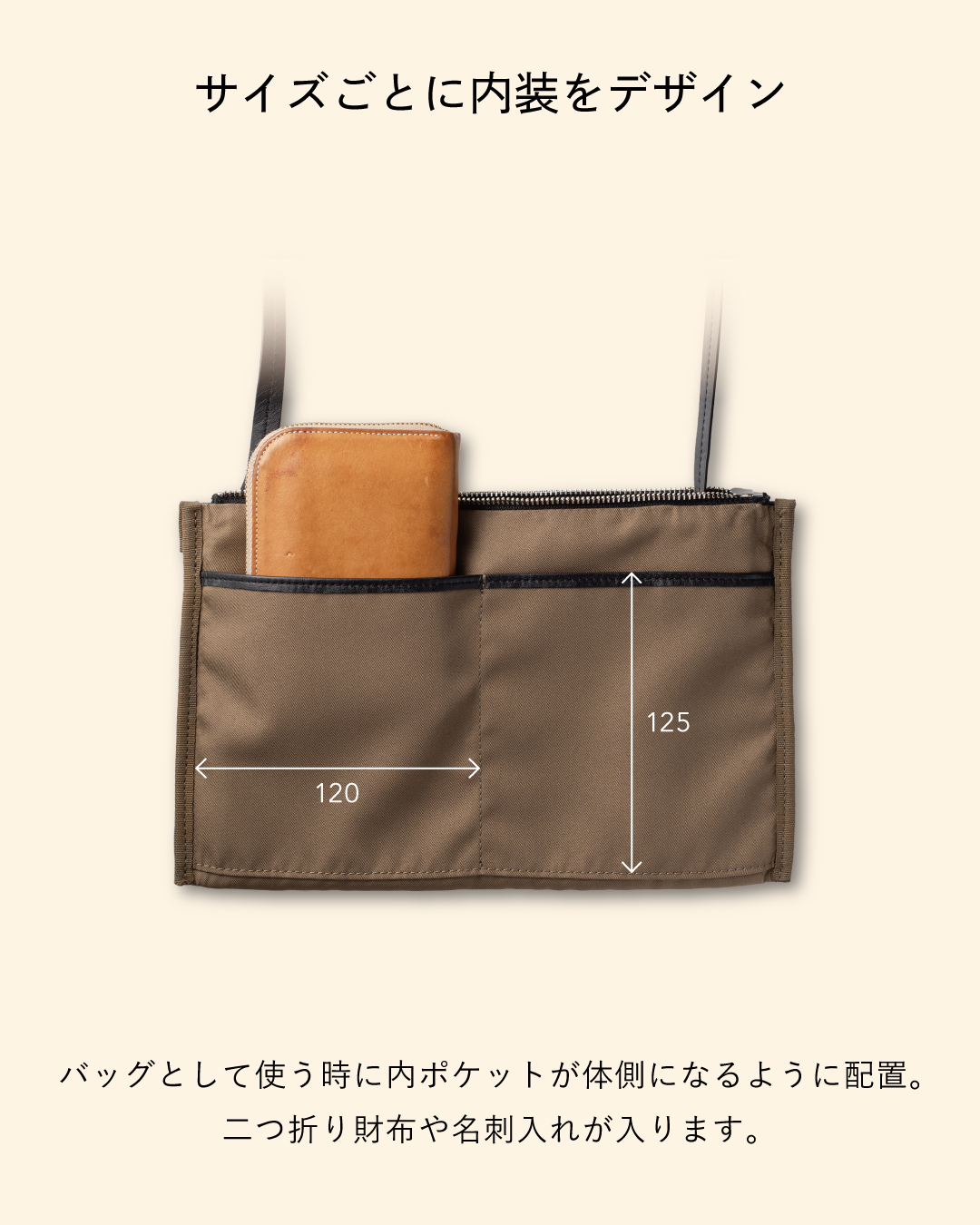 FOLMAレザーサコッシュ内装の専用ポケット構造（120×125mm）。バッグ使用時に体側に来るよう設計された仕切りポケットに二つ折り財布や名刺入れが収まる実例写真。