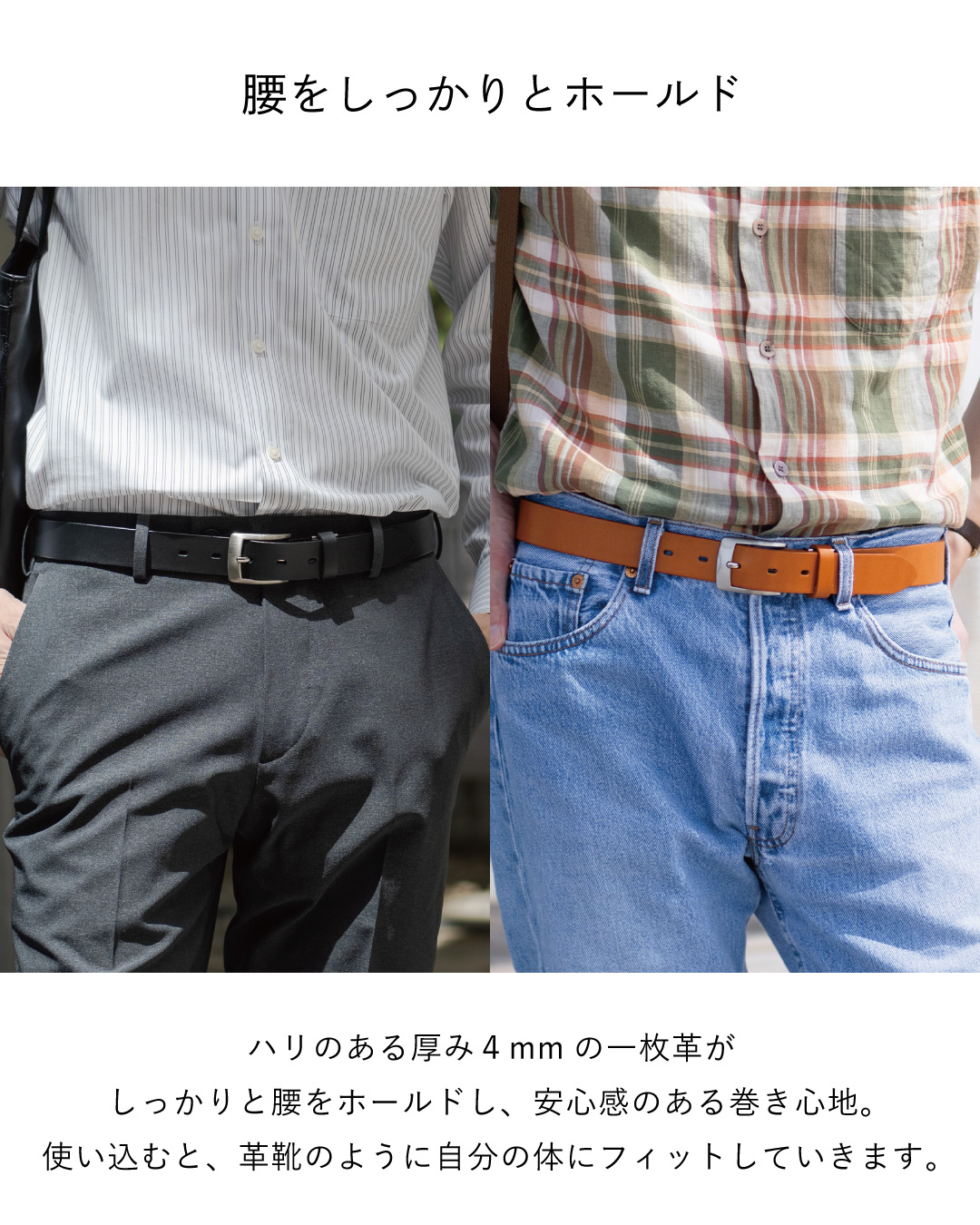 「腰をしっかりとホールド」の見出しとともに、ビジネス・カジュアル2スタイルを比較し、厚み4mmの一枚革が体にフィットする特徴を紹介。