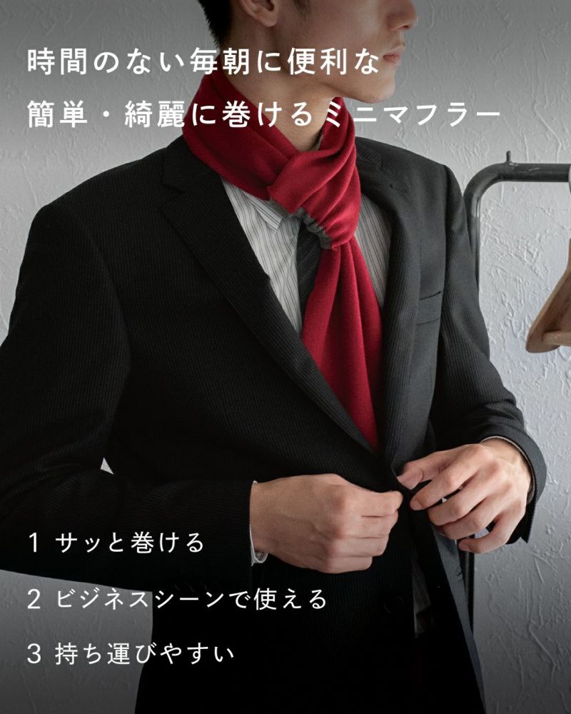 赤いミニマフラーを着用したビジネスマン。スーツ姿にマフラーが映え、手軽に巻けてビジネスシーンにも使えることを表現。