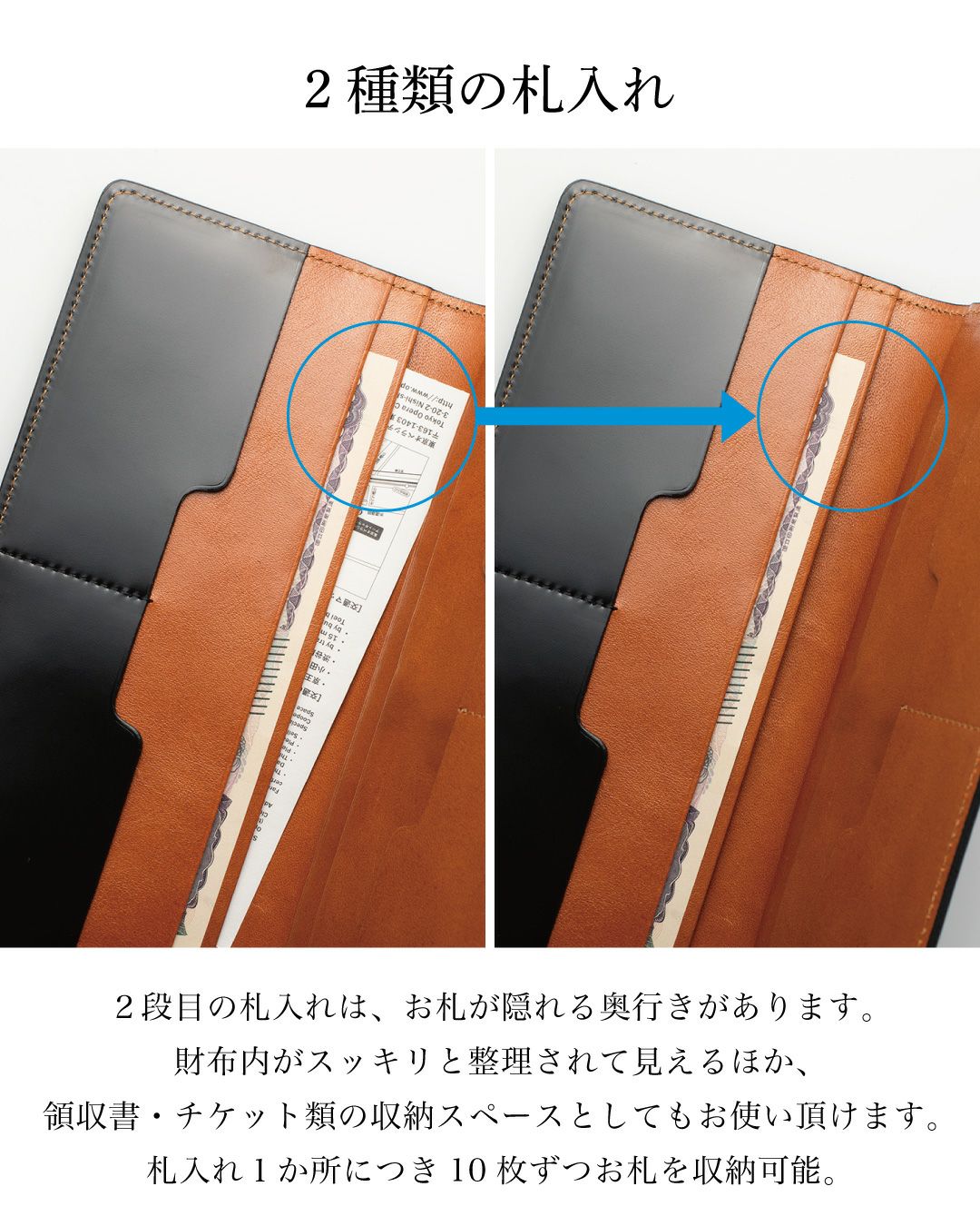 領収書やチケットも整理して収納できる2種類の札入れと隠しポケット