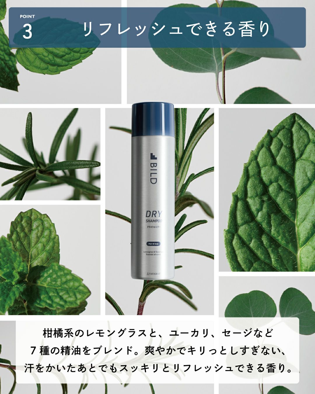 リフレッシュできる香り。 柑橘系のレモングラスと、ユーカリ、セージなど7種の精油をブレンド。爽やかでキリっとしすぎない、汗をかいたあとでもスッキリとリフレッシュできる香り。