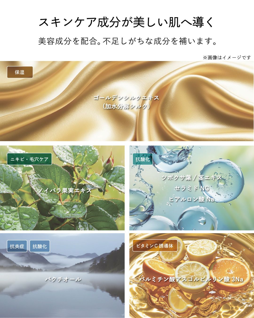 スキンケア成分が美しい肌へ導く。美容成分を配合。不足しがちな成分を補います。