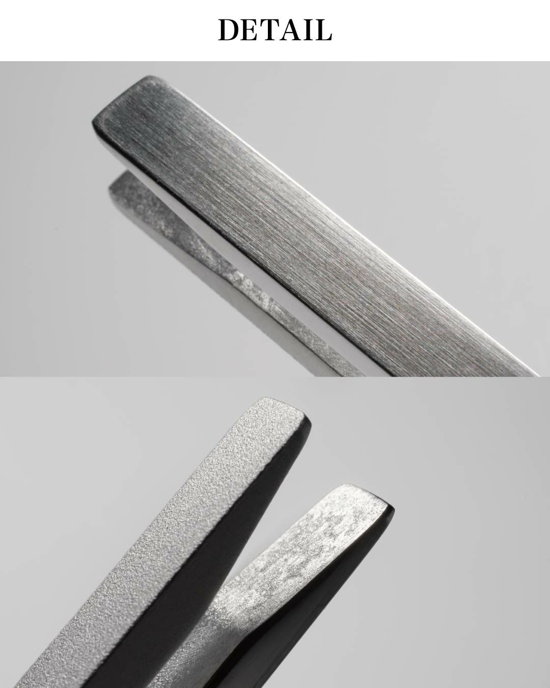 リバーシブルネクタイピンの表面（サテーナ加工）と先端部分のクローズアップ画像。