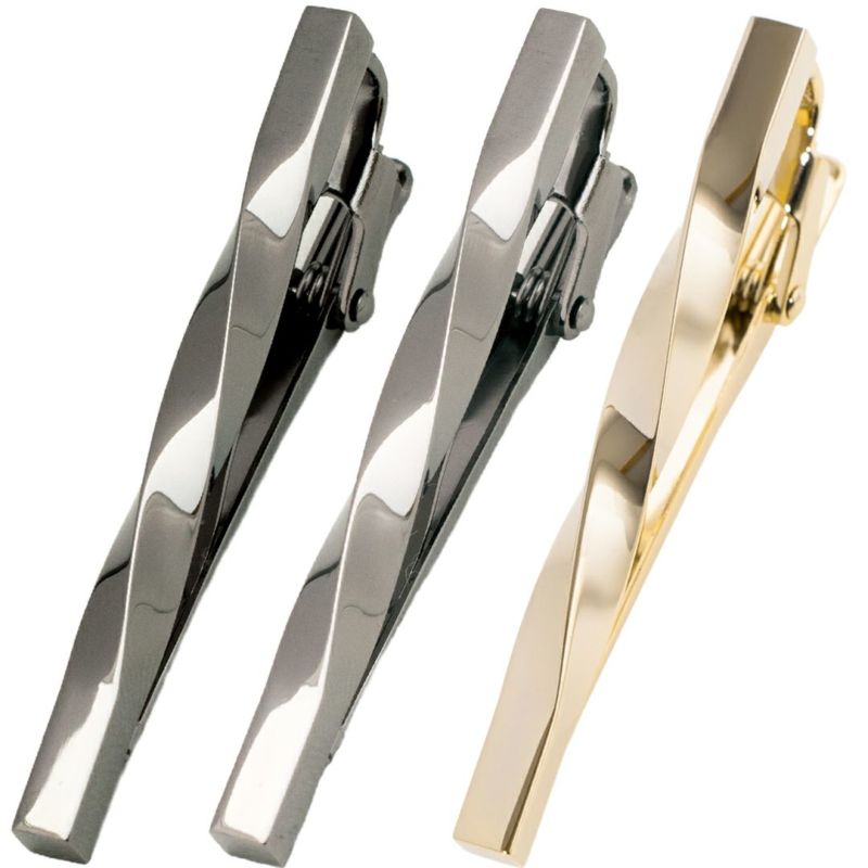 ひねりを加えたツイストデザインのネクタイピン3色（ブラックシルバー、シルバー、ライトゴールド）のセット。