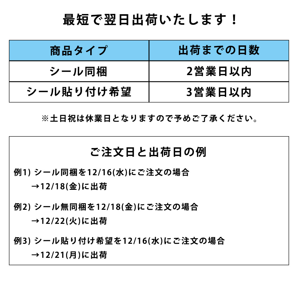発注から発送までの納期が記載されている。2営業日から3営業日で発送。