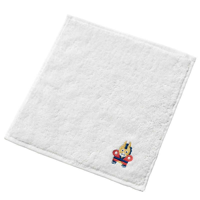 お年賀や粗品におすすめの干支（午 うま）タオル。獅子舞のデザインが施されたあずき色の今治ハンカチ。