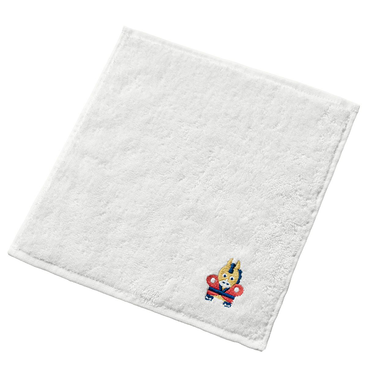 粗品やご挨拶に最適な干支（午 うま）タオルハンカチ。兜をかぶった馬（やっこうま）の刺しゅうが施された白い今治ハンカチ。