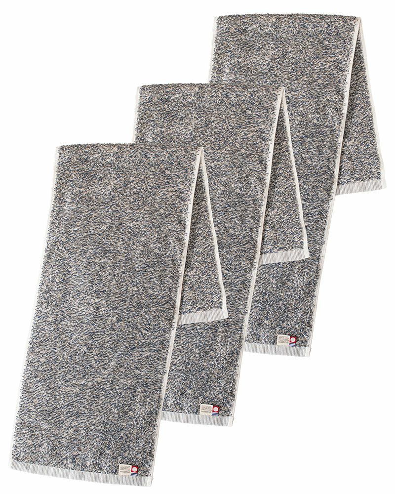 ネイビーのショートマフラータオルが3枚セットになった写真