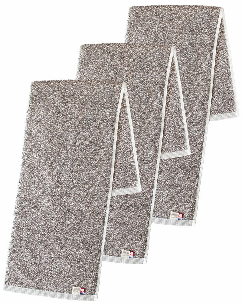 ブラウンのショートマフラータオルが3枚セットになった写真