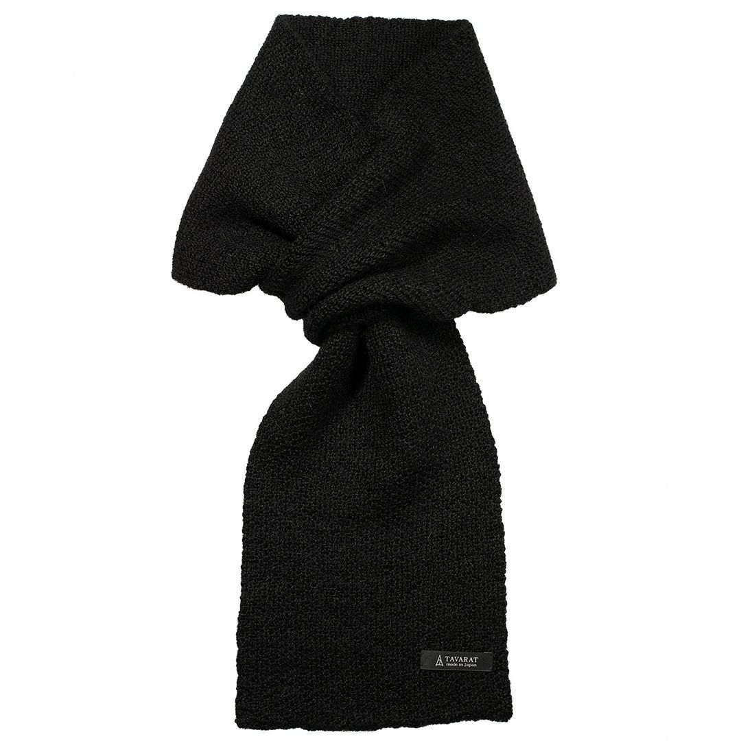 アルパカ100% 3秒マフラーの製品情報とサイズ図。素材：アルパカ100%（手洗い可）、サイズ：約88cm × 17cm、重さ：約127g、原産国：日本。