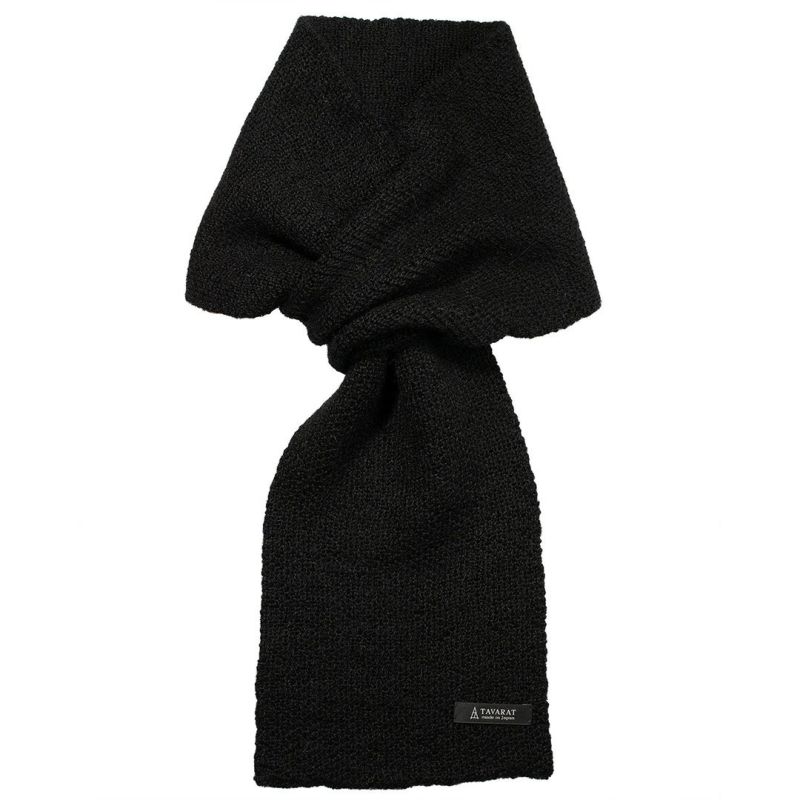 アルパカ100% 3秒マフラーの製品情報とサイズ図。素材：アルパカ100%（手洗い可）、サイズ：約88cm × 17cm、重さ：約127g、原産国：日本。